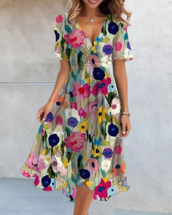 V-neck colorful printed dress