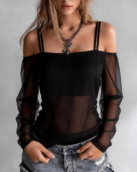 Spaghetti Strap Off-Shoulder Sheer T-Shirt