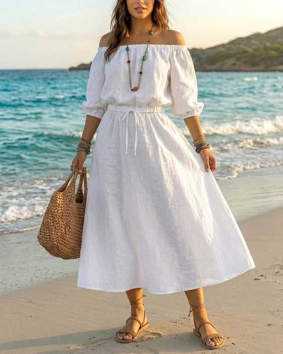 Off-Shoulder Lace-Up Waist Dress