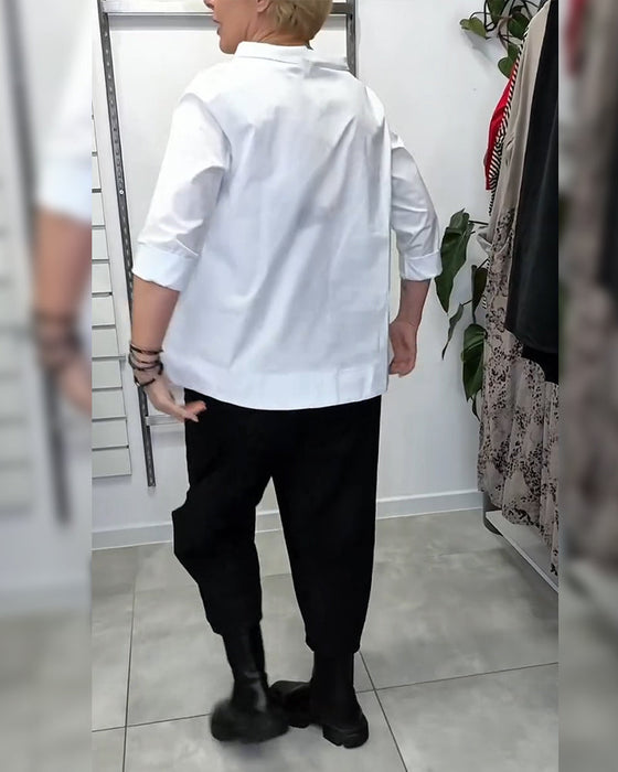 100% Cotton Wide-Collar Solid Color Casual Blouse