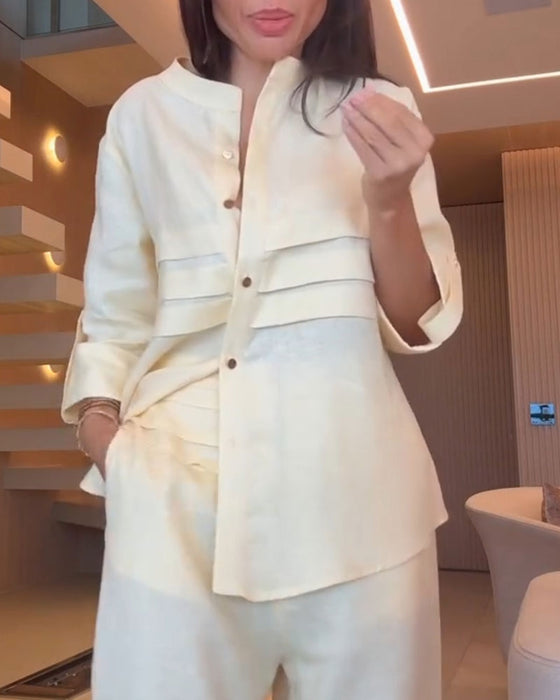 Mandarin Collar Shirred Button Blouse