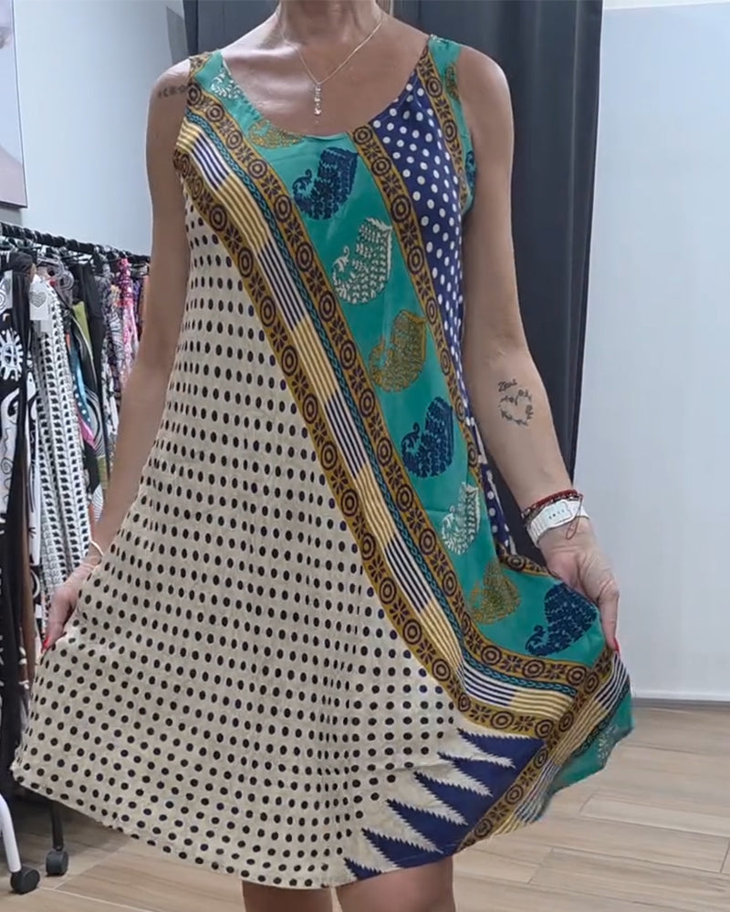 Polka Dot Print Round Neck Sleeveless Dress