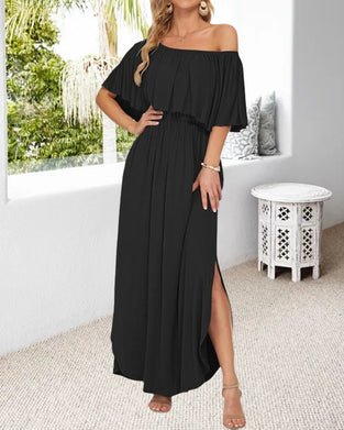 Off-Shoulder Ruffle Slit Dress