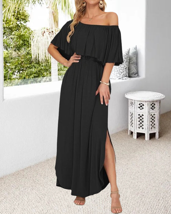 Off-Shoulder Ruffle Slit Dress