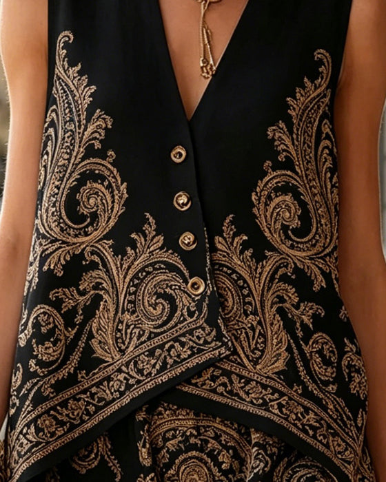 V-Neck Sleeveless Button Print Set