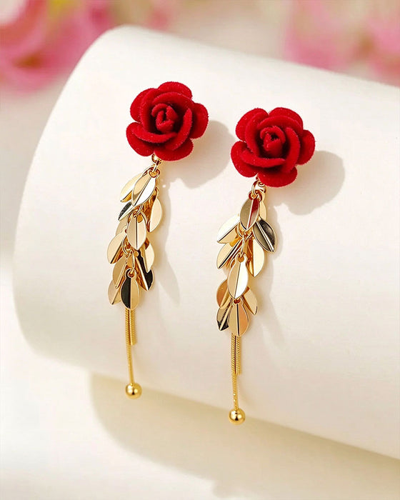 Flocked Rose Heart Long Drop Earrings