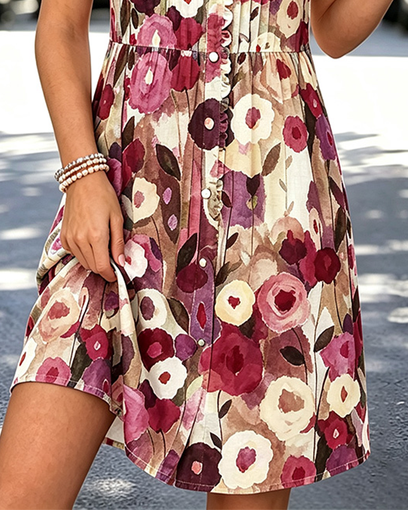 V-Neck Button Bubble Sleeve Dress