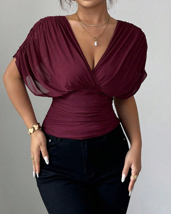 Solid Color Deep V-Nee Waist Short Sleeve Blouse