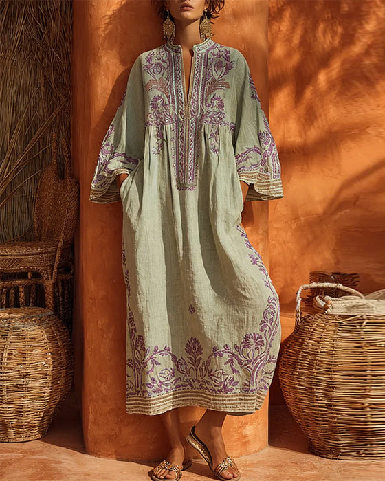 V-Neck Ethnic Print Loose Fit Dress