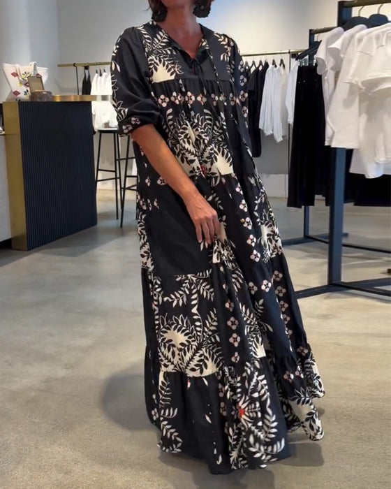 Tie Floral Full Skirt Vacation Maxi Dress
