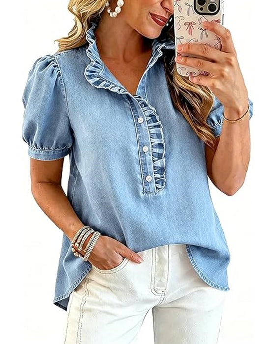 Button Up Ruffle Denim Blouse