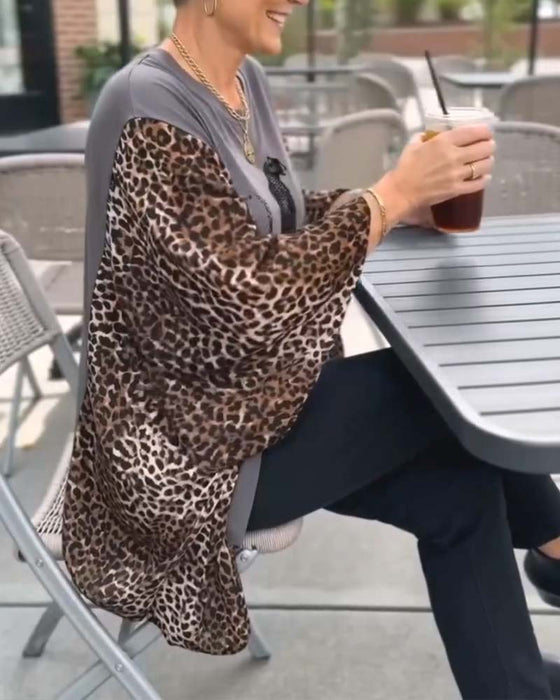 Cheetah Print Patchwork-Sleeve Top