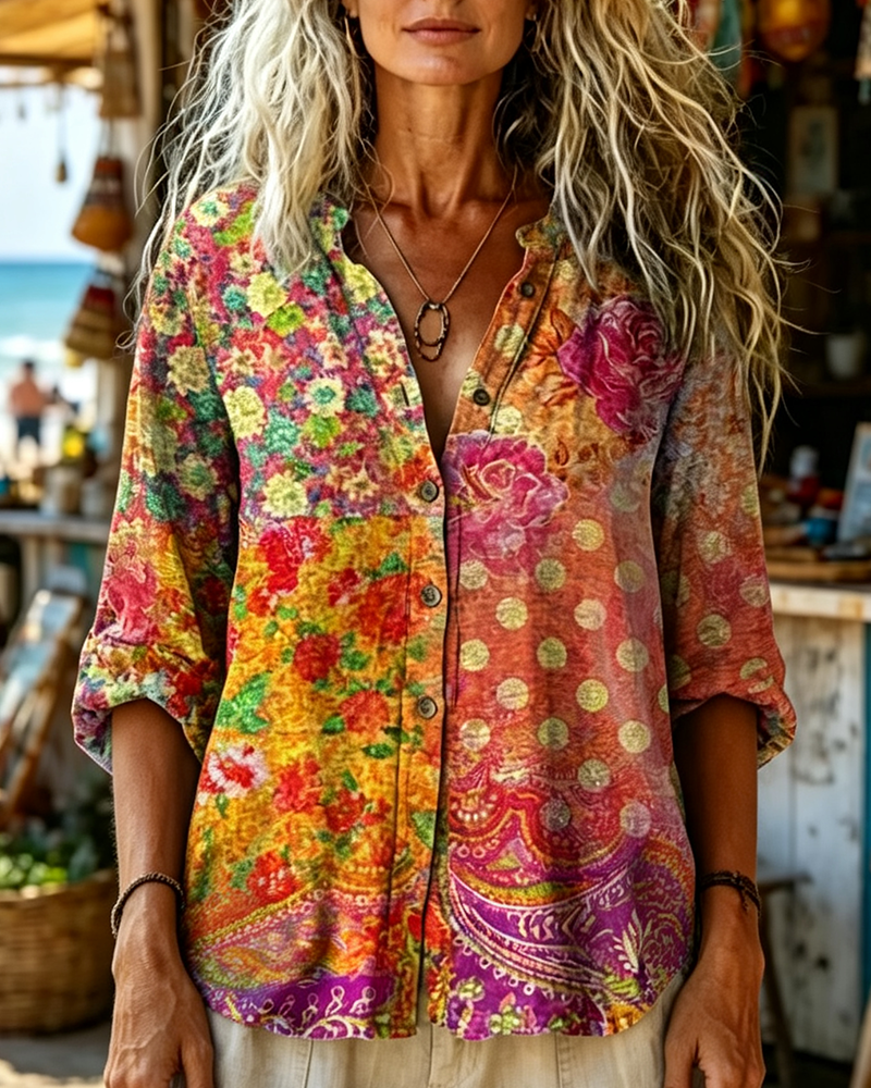 Vintage Floral Polka Dot Print Long Sleeve Shirt