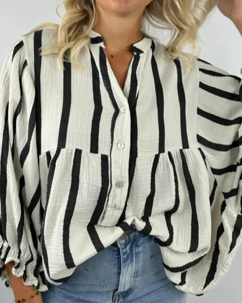 Striped Buttoned Bat Sleeve Top