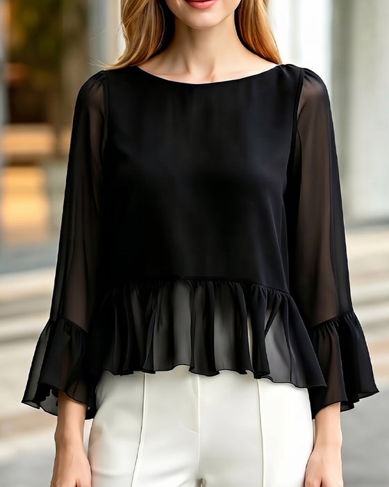 Boat Neck See-Through Ruffle Top