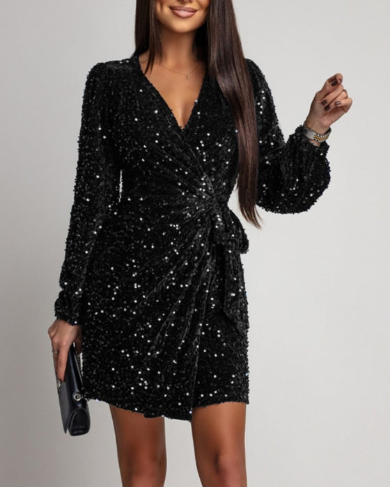Fashionable Sequined V-Neck Lantern Sleeves Dress