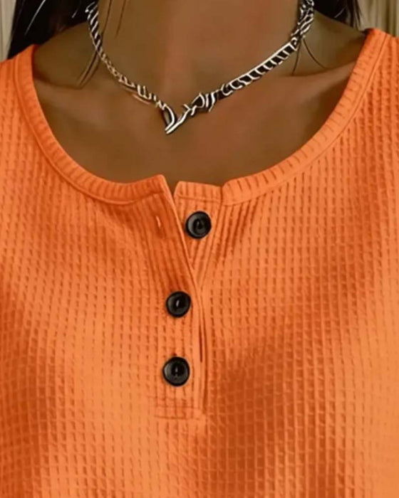 Crew Neck Sleeveless Waffle Button Tank Top