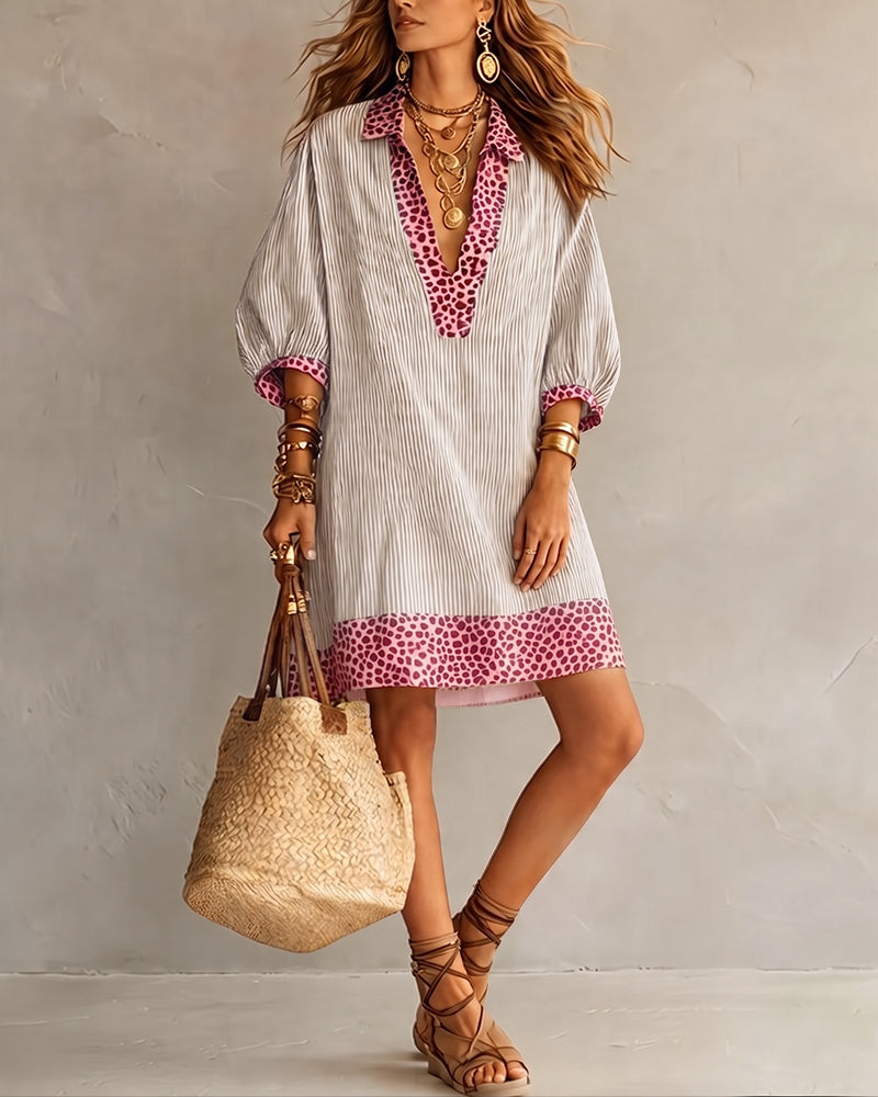 Leopard Print Panel Puff Sleeve Striped Shirt Dress
