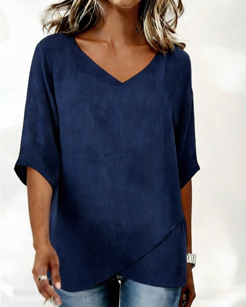 Irregular Hem Solid Color V-Neck Top