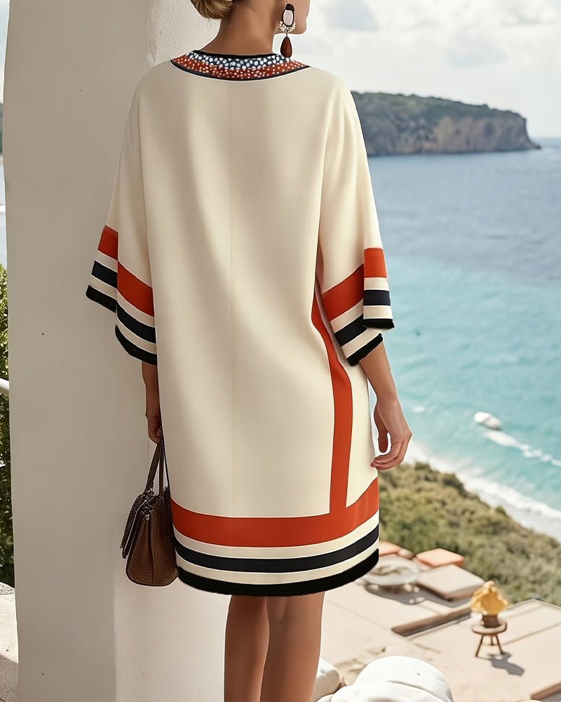 Deep V Geometric Contrast Line Dress