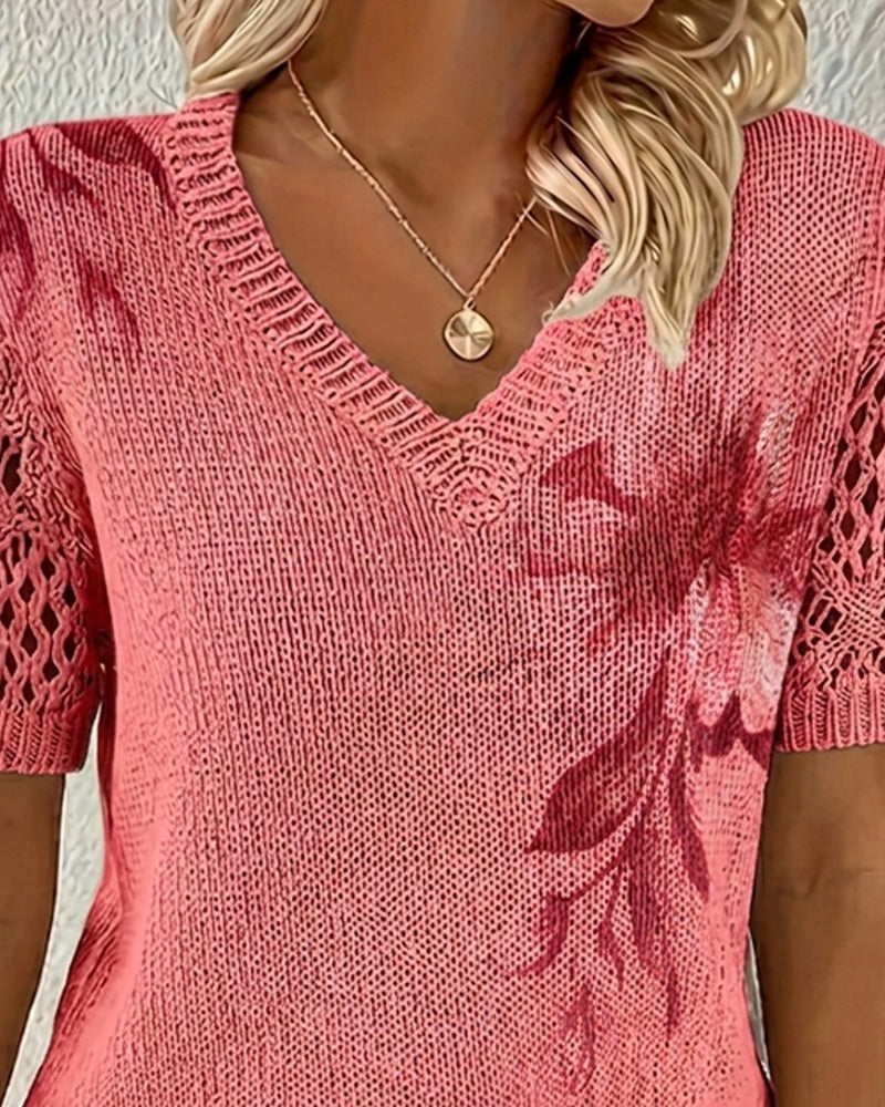 V-Neck Knitted Floral Pullover