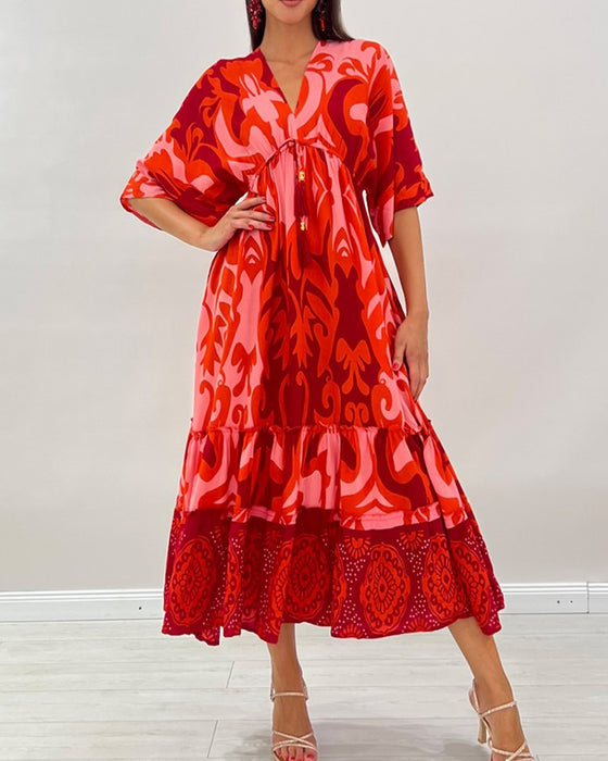 V-Neck Floral Print A-Line Dress