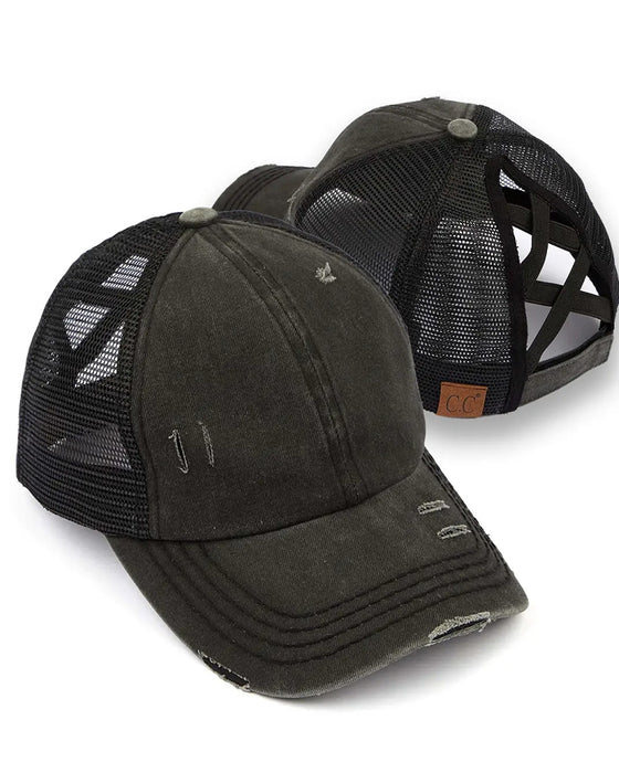 Adjustable Criss-Cross Back Distressed Denim Baseball Cap