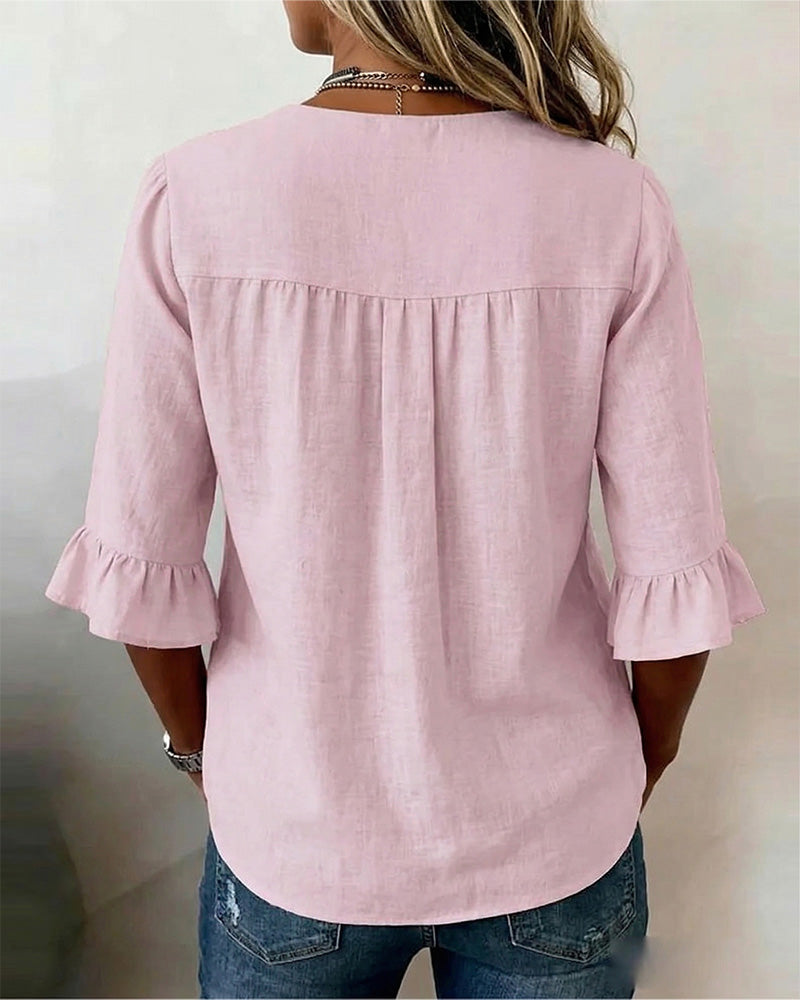 Solid-Color Cotton-Linen Wooden Buttons Ruffles Blouses