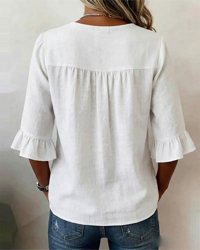 Solid-Color Cotton-Linen Wooden Buttons Ruffles Blouses