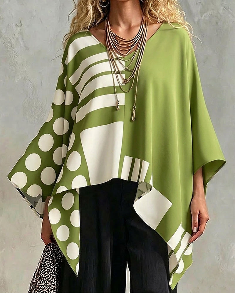 Polka Dot Stripe Patchwork V Neck Blouse