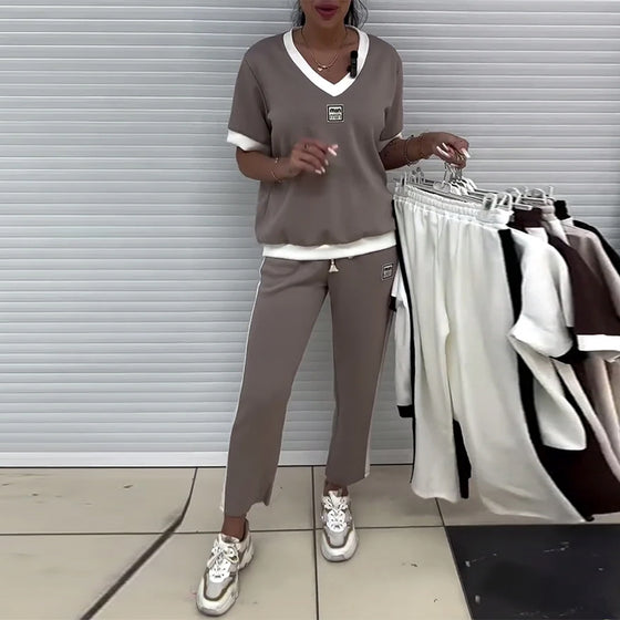 Casual V-Neck Contrast Color Sports Suit