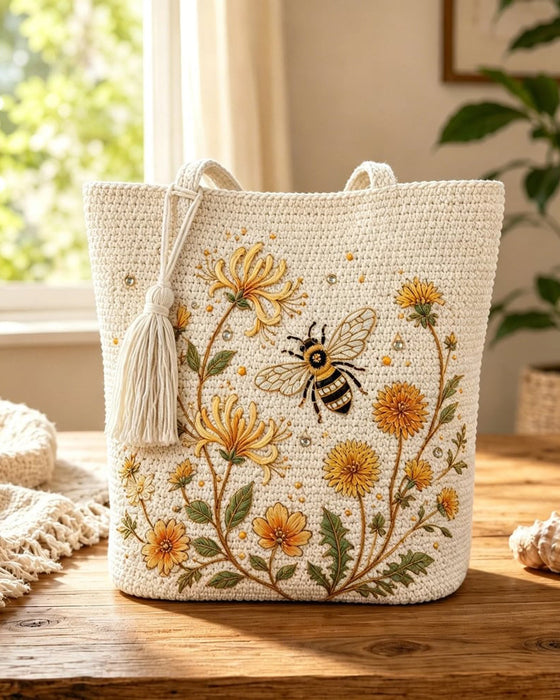 Handmade Crochet Bee Embroidered Tote Bag