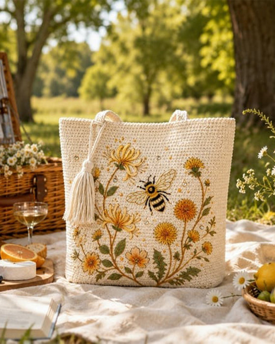 Handmade Crochet Bee Embroidered Tote Bag