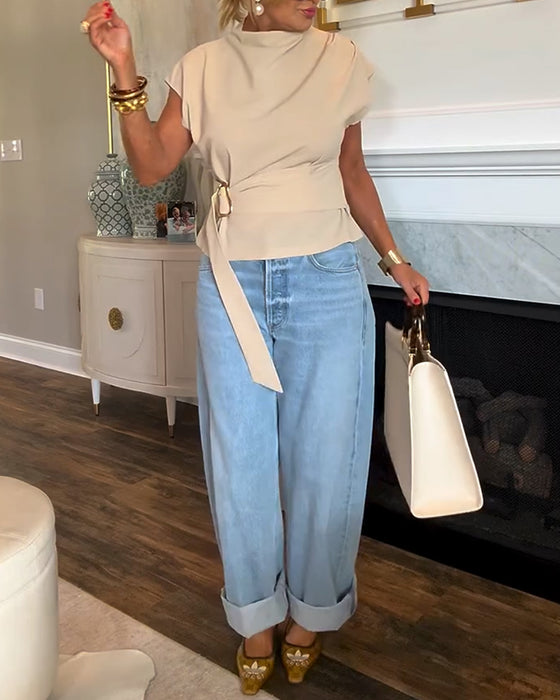 Temperament Waist Solid Color Blouse