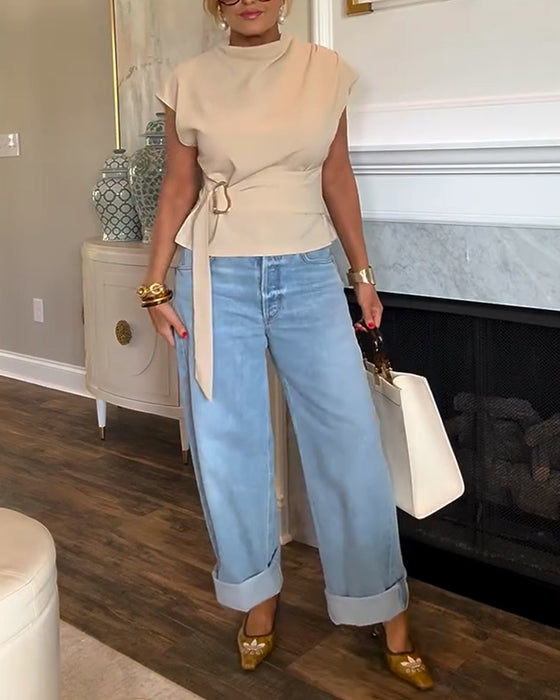 Temperament Waist Solid Color Blouse