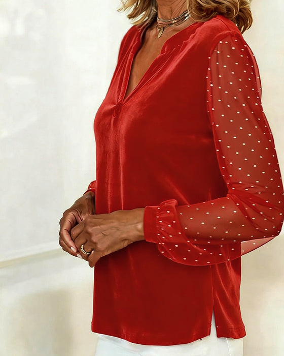 Long-Sleeved Velvet V-Neck Top