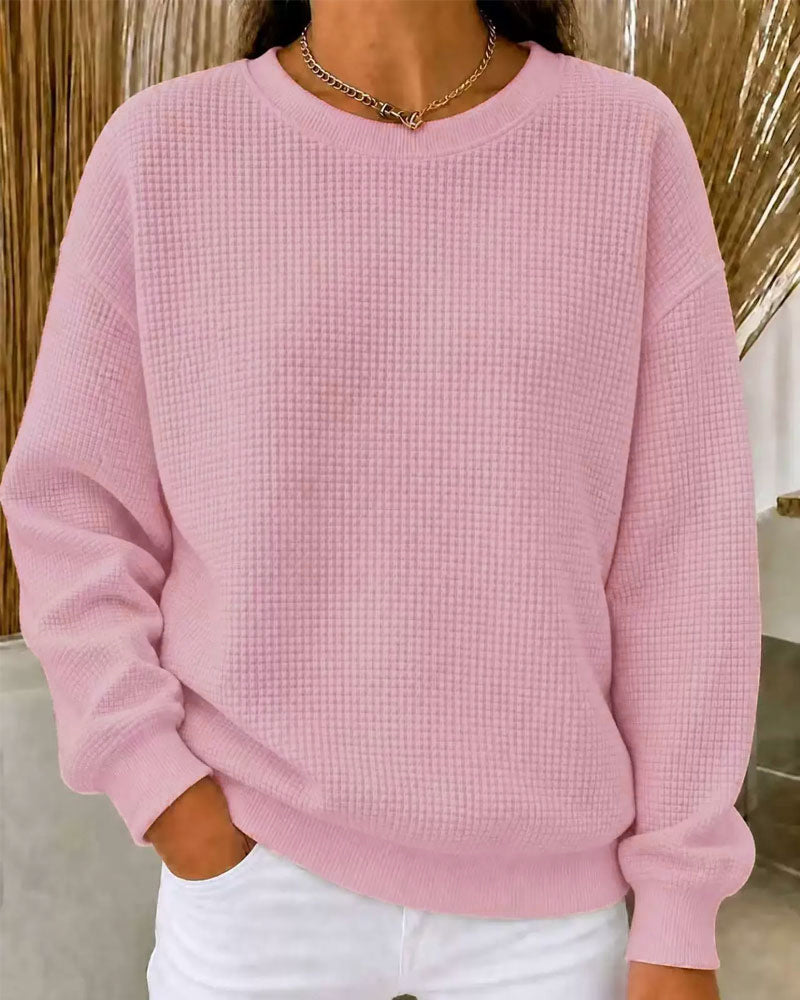 Waffle Knit Solid Crewneck Top