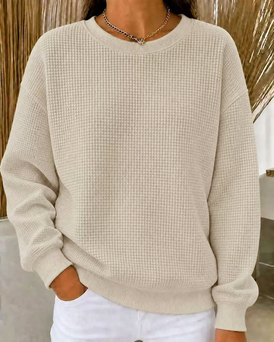 Waffle Knit Solid Crewneck Top