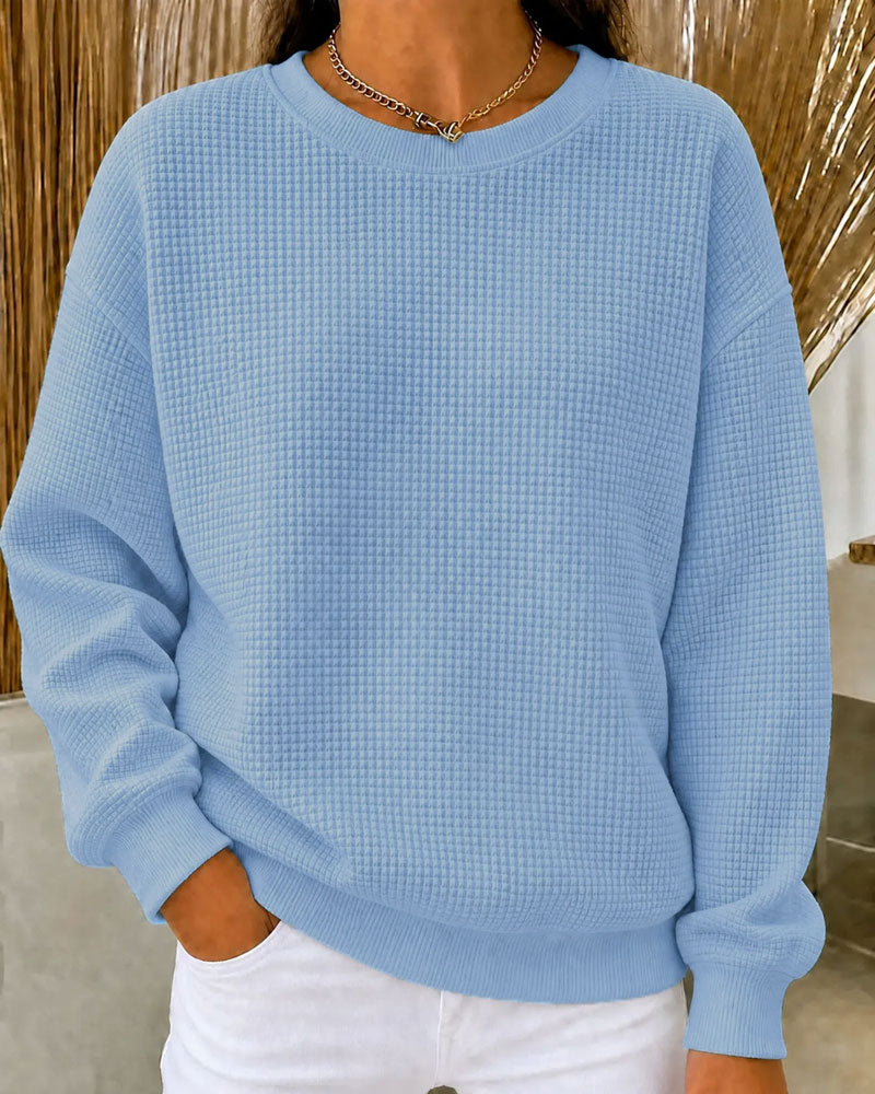 Waffle Knit Solid Crewneck Top