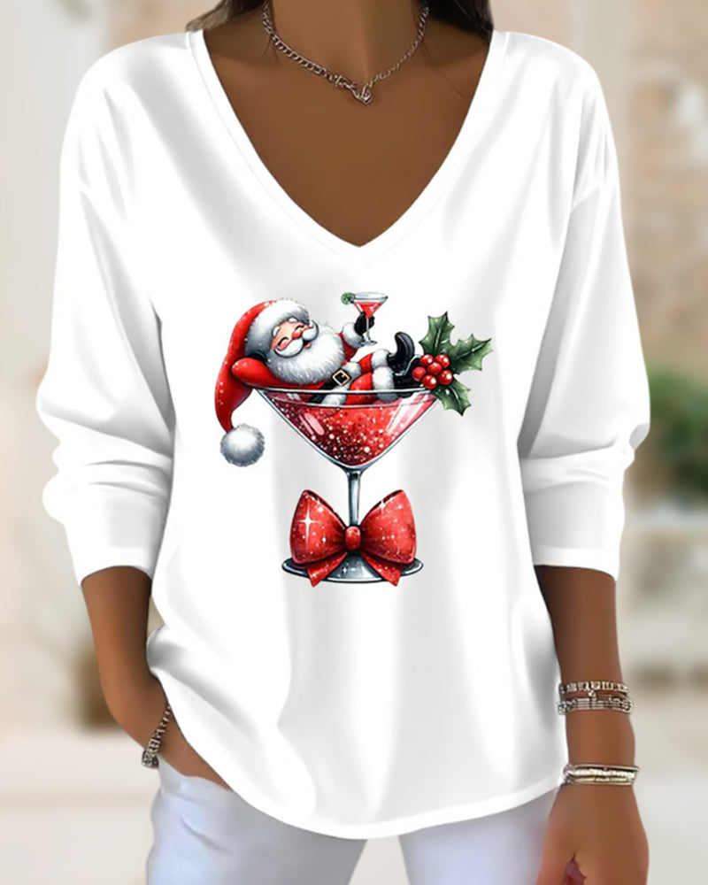 V-Neck Loose-Fitting Christmas Wine Glass Print Top