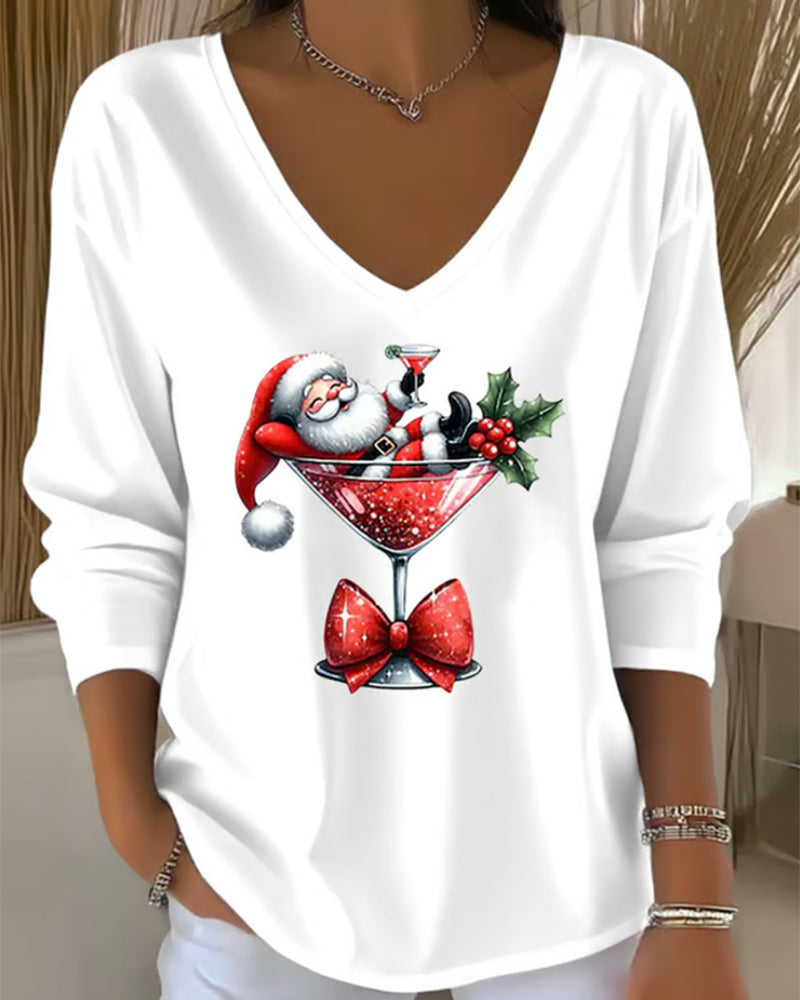 V-Neck Loose-Fitting Christmas Wine Glass Print Top