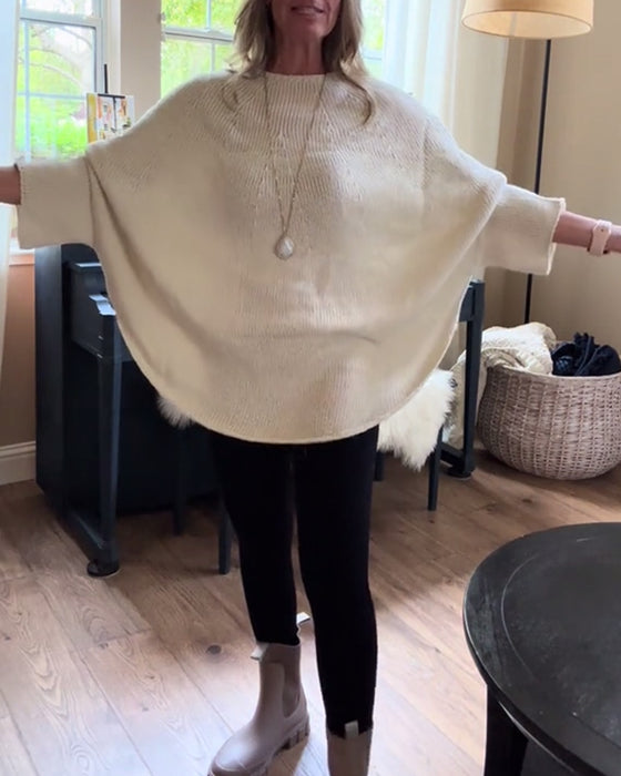 Fashion solid color bat sleeve round neck pullover