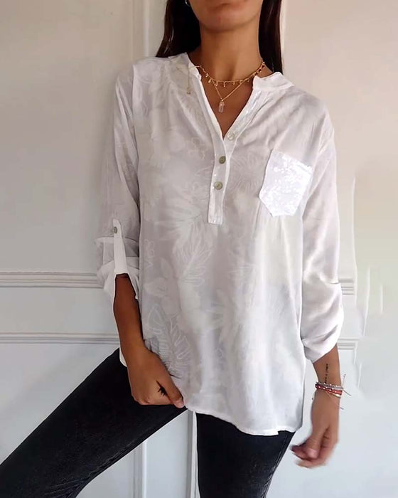 Patchwork sequined leaf print top