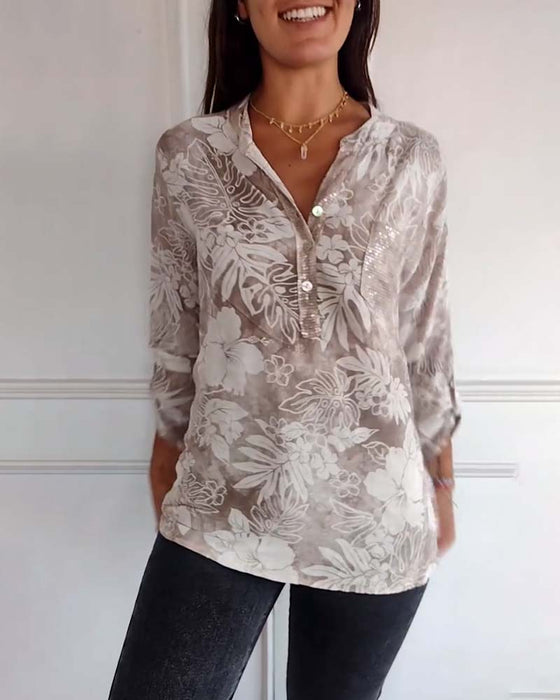 Patchwork sequined leaf print top