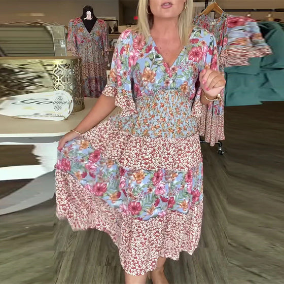 V-Neck Lotus Sleeve Floral Dress