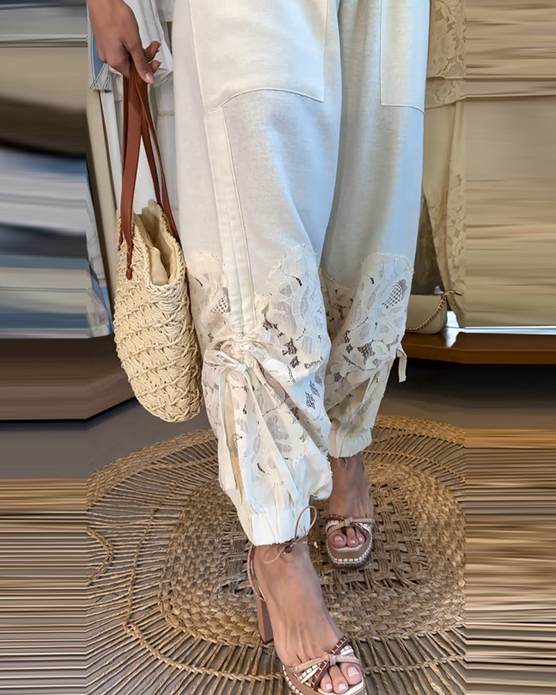 Solid Color Lace Patchwork Shirred Long Pants