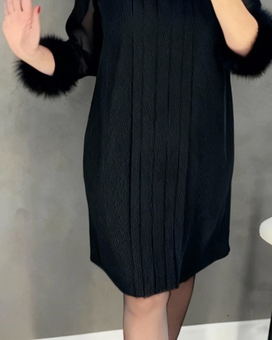 Mesh stitching furry sleeve pleated Dress