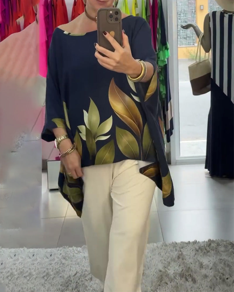 Sloped Shoulder Irregular Three-Quarter Sleeve Blouse