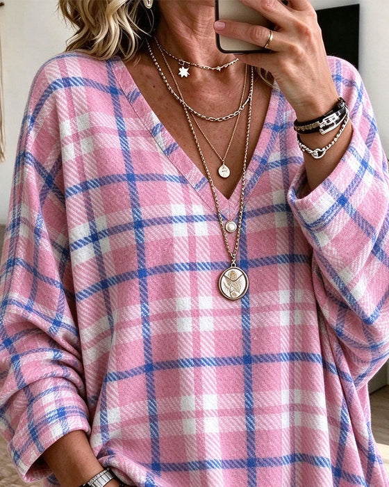 V-Neck Plaid Contrasting Loose Top