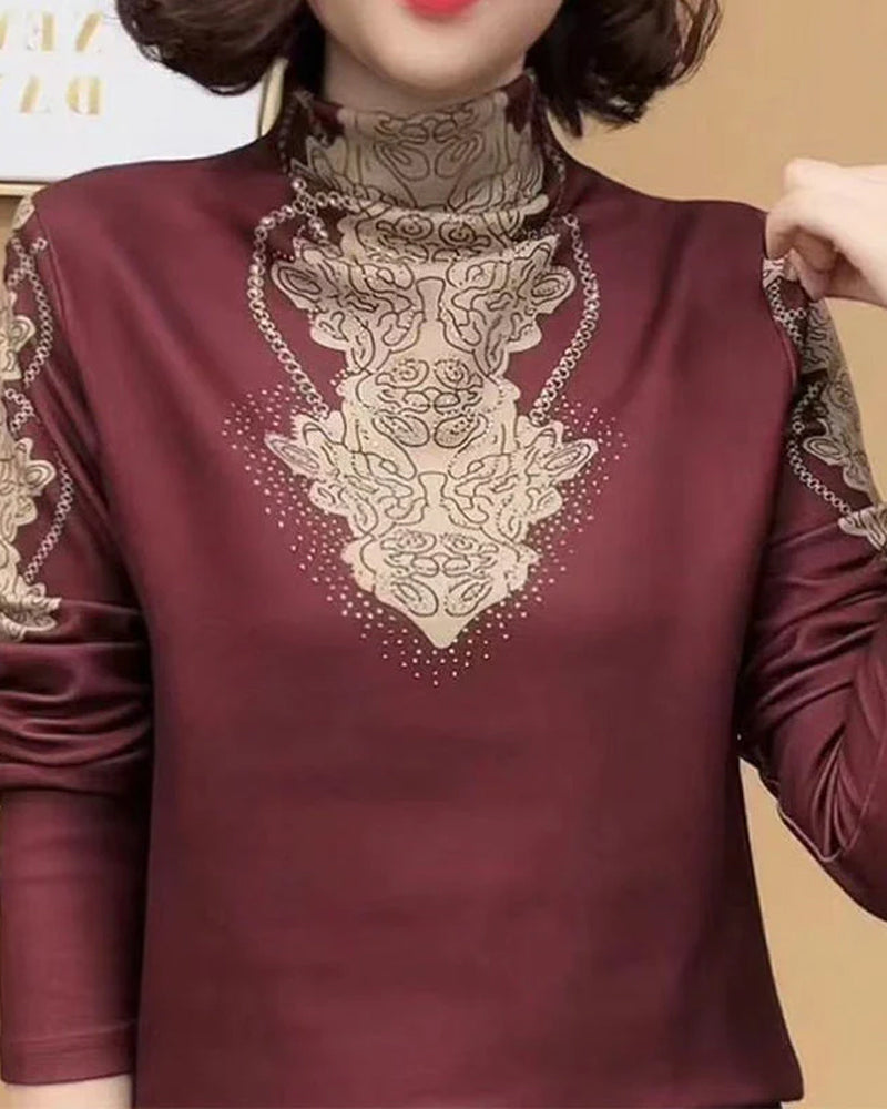 Elegant Printed Fitted Women's Stand Collar Top